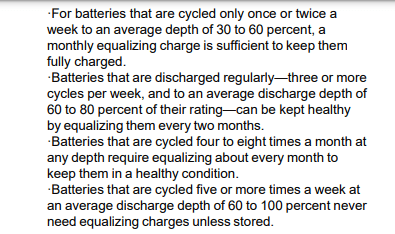 An excerpt from a battery owner's manual detailing when to equalize charge