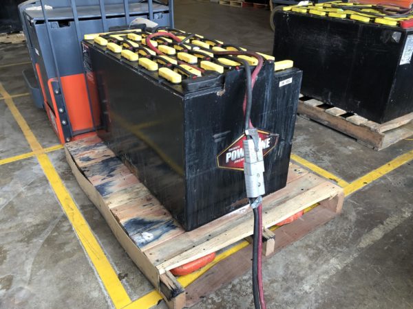 A forklift battery on charge