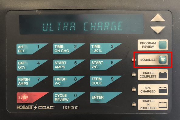 The equalize button on a forklift charger outlined