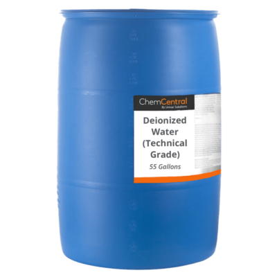 A blue barrel containing deionized water