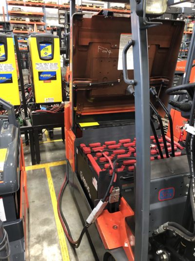 forklift-on-charger A Toyota electric forklift on charge