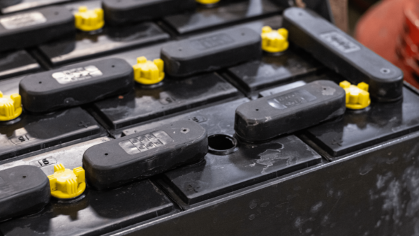 A missing vent cap on a lead-acid forklift battery