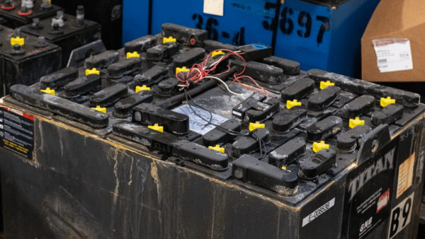 A scrap forklift battery