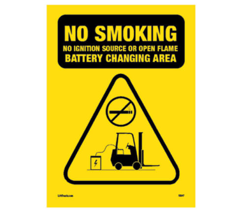 A sign reading "No smoking - no ignition source or open flame. Battery changing area."