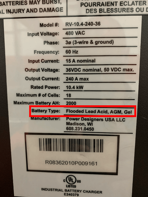 A battery charger data tag showing that the charger is compatible with flooded, gel, and AGM batteries