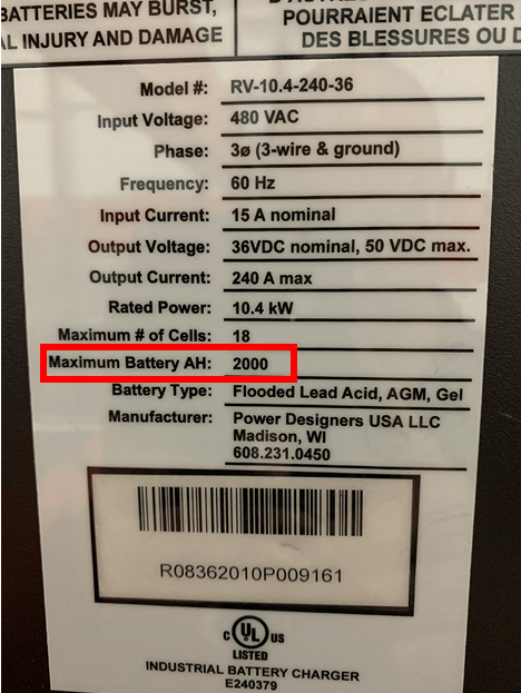 A charger data plate with the amp hours highlighted
