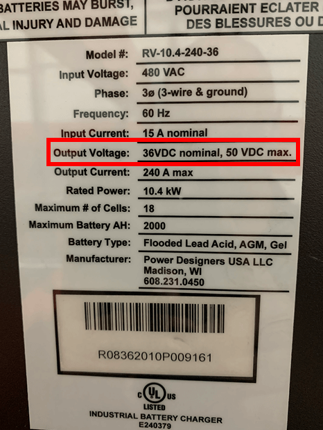 charger-data-plate-output-voltage A charger data plate with the output voltage highlighted