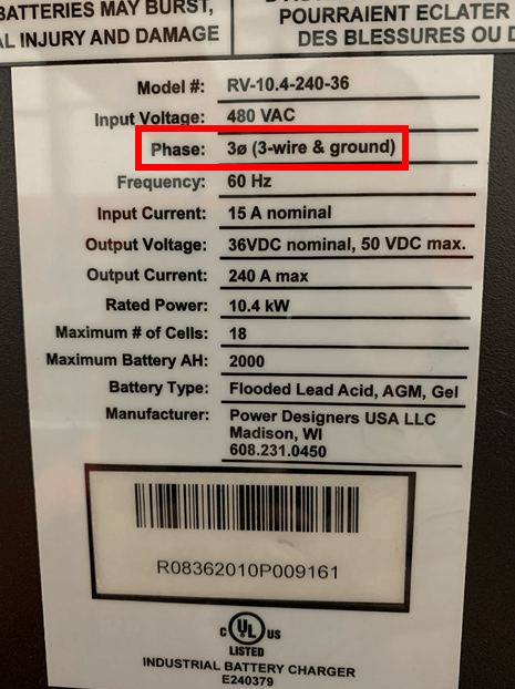 A charger data plate with the phase highlighted