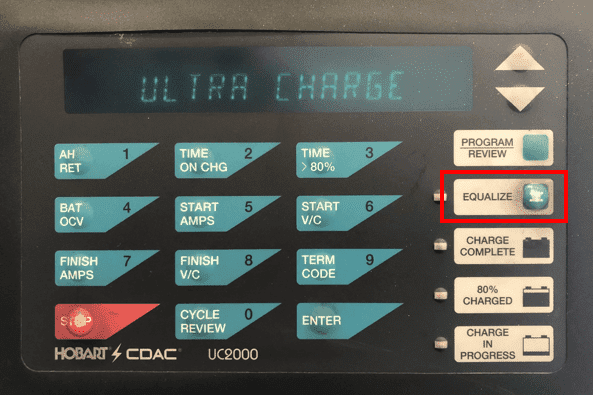 charger-equalize-button The equalize setting on a forklift battery charger