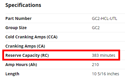 A deep cycle battery product listing showing the battery's reserve capacity