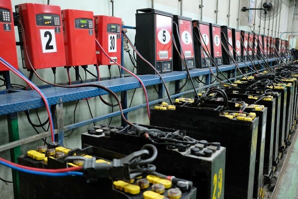 forklift-battery-conventional-charging A bank of forklift batteries on charge